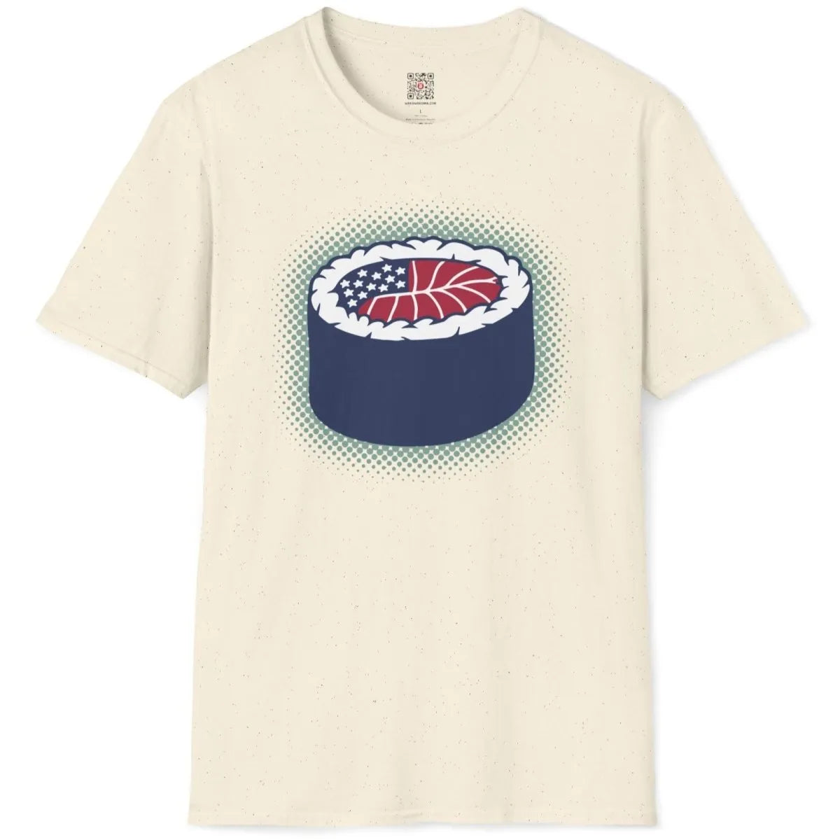 Natural t-shirt flatlay with sushi roll and flag; sushi shirt, cultural symbols, fusion cuisine.