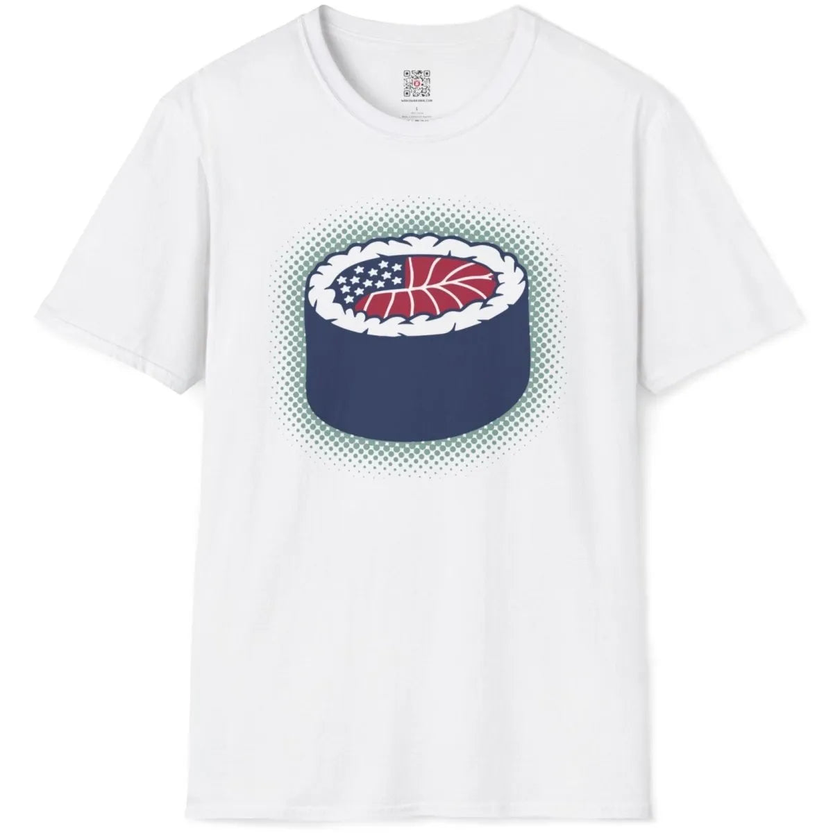 White t-shirt flatlay with sushi roll and American flag; sushi t-shirt, cultural identity, fusion cuisine.