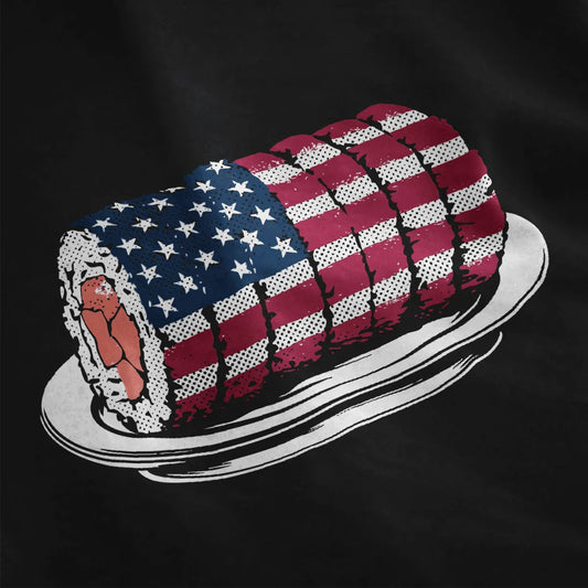 Close-up of sushi roll with flag detail on black shirt; sushi shirt, fusion cuisine, pop art shirt.
