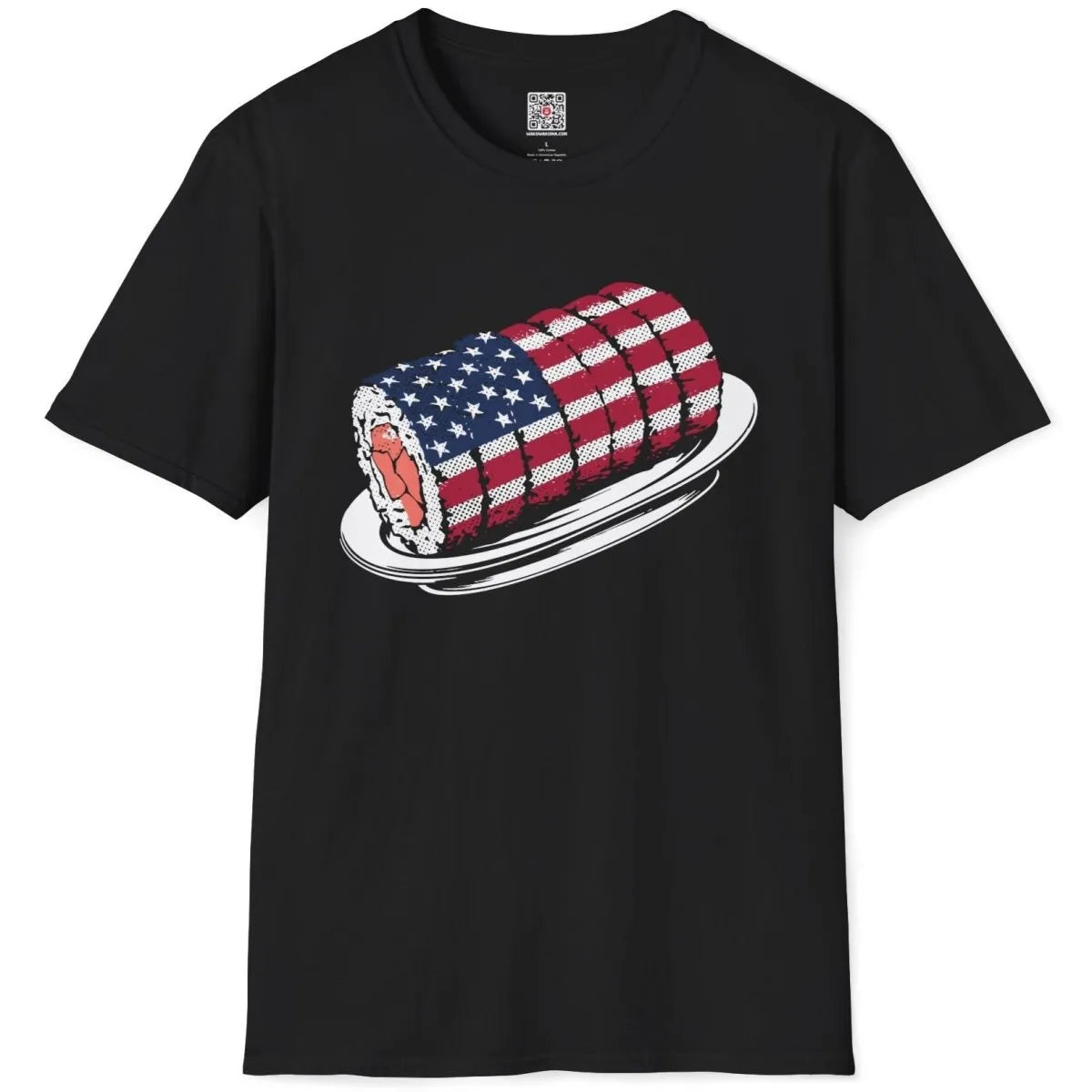 Black t-shirt flatlay with sushi roll, flag, and plate; sushi shirt, modern chic, fusion cuisine.