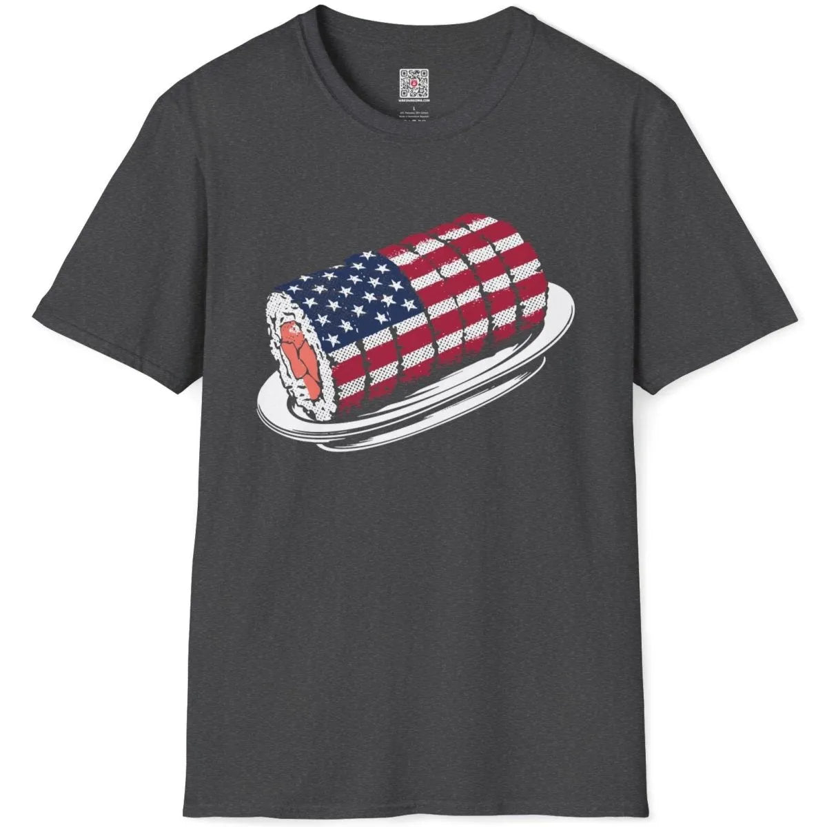 Dark heather t-shirt flatlay with sushi roll and flag detail; sushi t-shirt, pop art shirt, fusion cuisine.