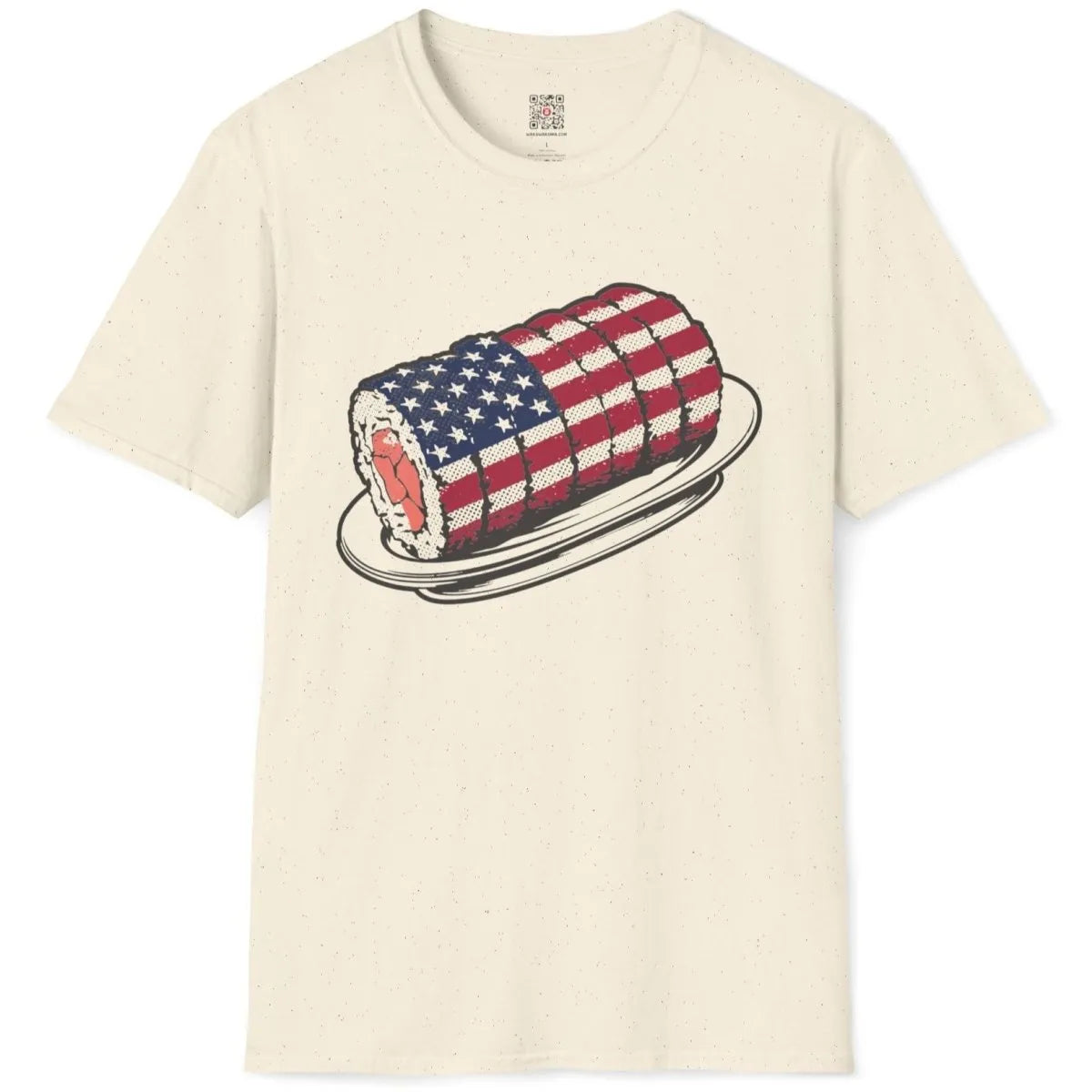 Natural t-shirt flatlay with sushi roll and flag; sushi shirt, traditional sushi, fusion cuisine.