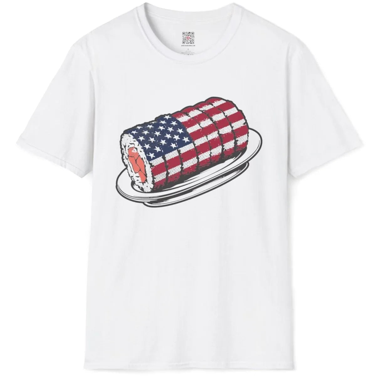 White t-shirt flatlay with sushi roll, flag, and plate; sushi t-shirt, cultural identity, fusion cuisine.