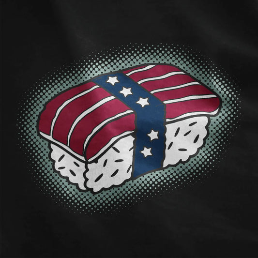 Close-up of sushi roll with flag pattern on black shirt; sushi shirt, bold typography, fusion cuisine.