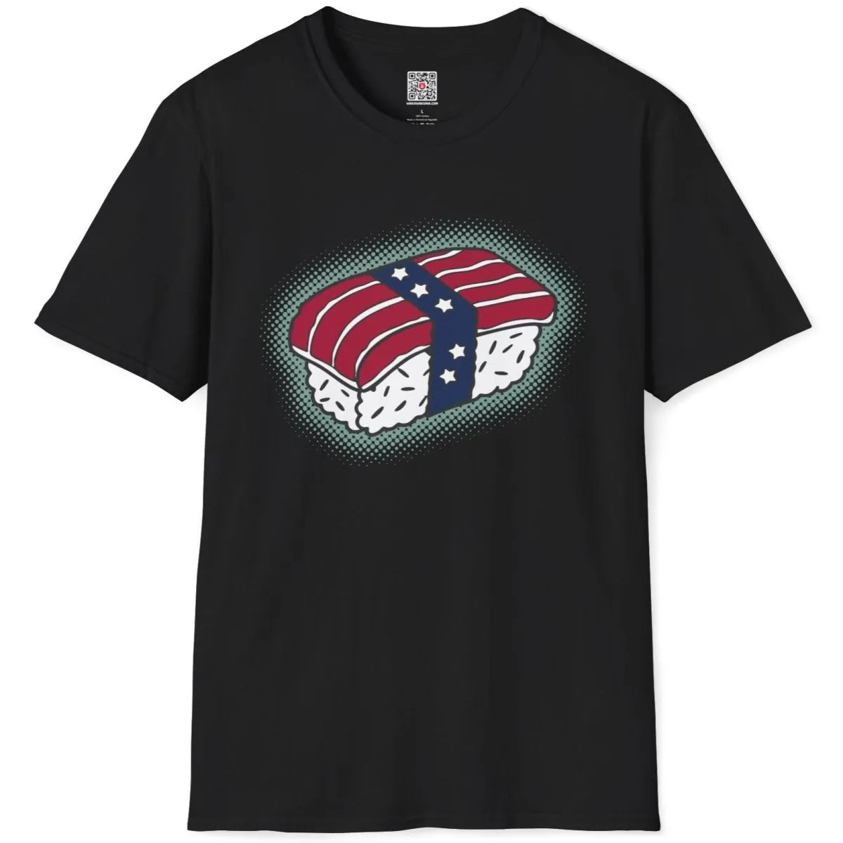 Black t-shirt flatlay with sushi roll styled as American flag; sushi shirt, modern fusion, cool shirt design ideas.