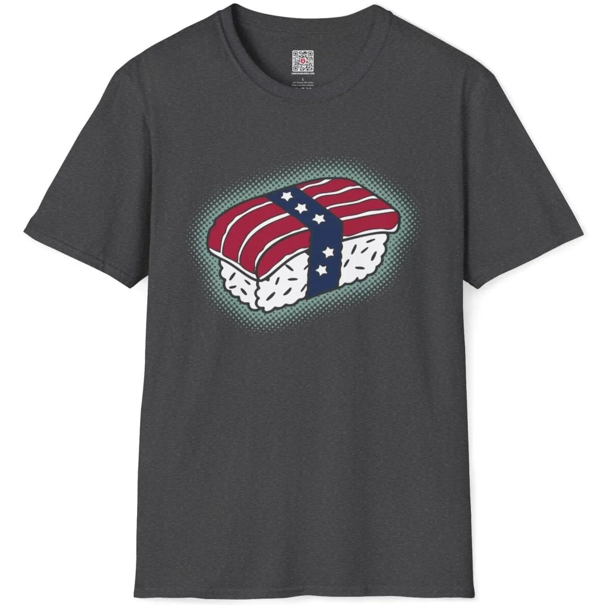 Dark heather t-shirt flatlay with sushi roll and flag; sushi t-shirt, color blocking shirt, fusion cuisine.