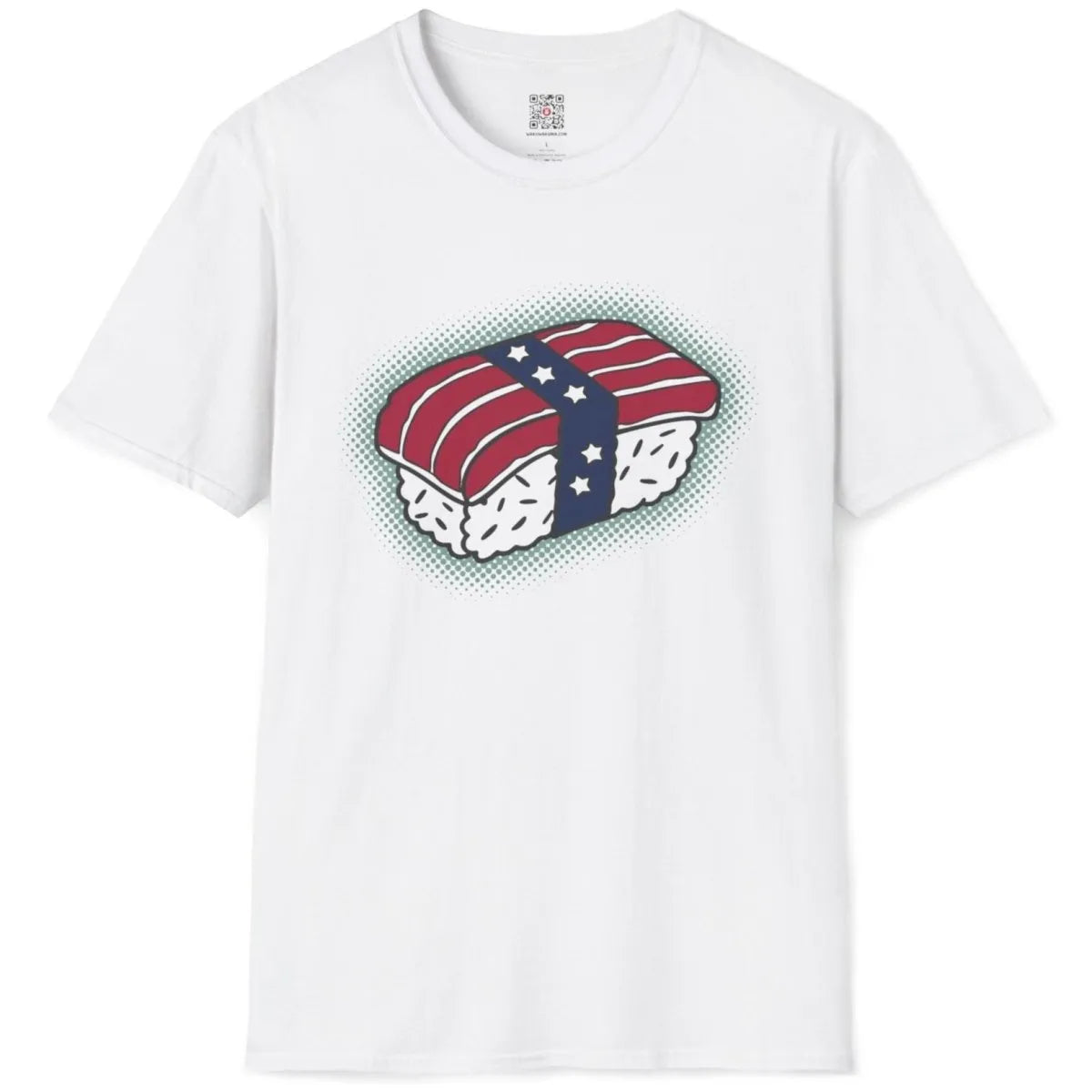 White t-shirt flatlay with sushi roll as American flag; sushi t-shirt, art t shirt designs, fusion cuisine.