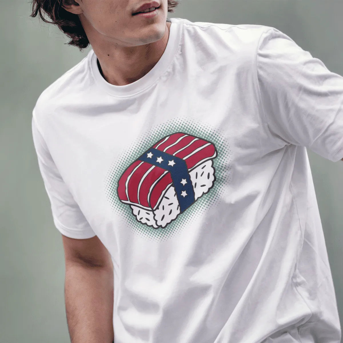 Male model in white t-shirt with sushi roll styled as American flag; sushi t-shirt, fusion cuisine, patriotic t shirt.