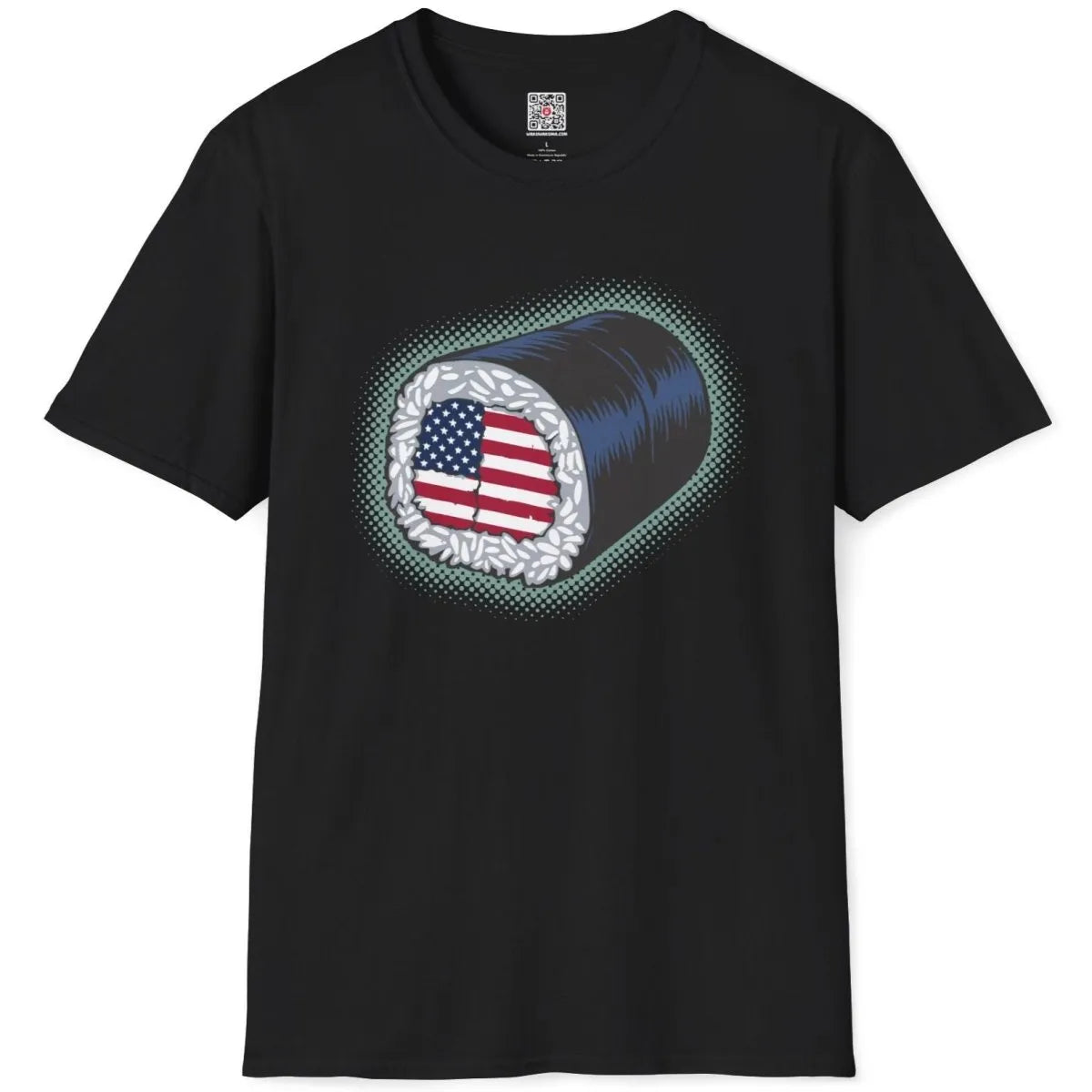 Black t-shirt flatlay with sushi roll American flag design, japanese t-shirts, cultural blend.