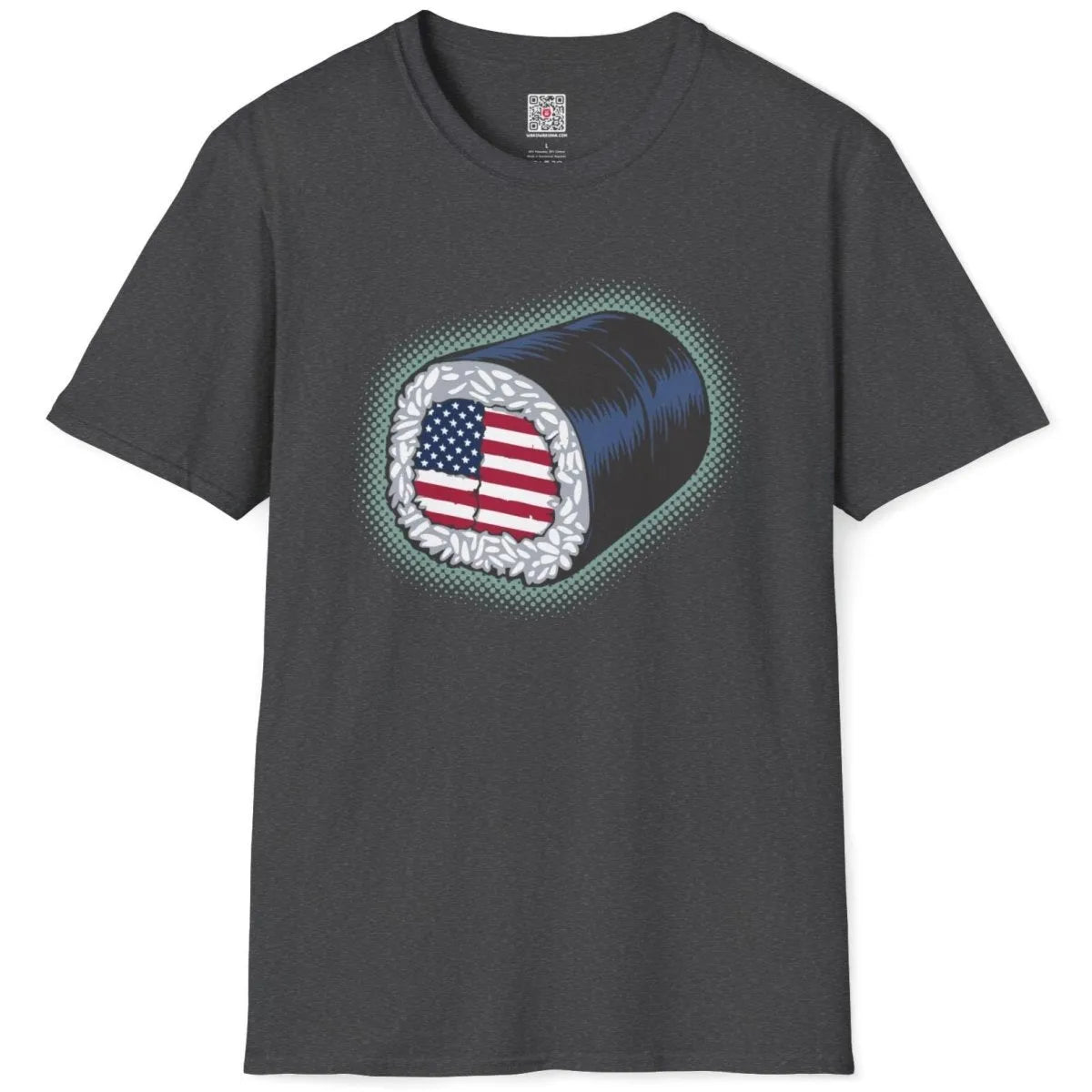 Dark heather t-shirt flatlay with sushi roll American flag design, fusion cuisine, retro design.