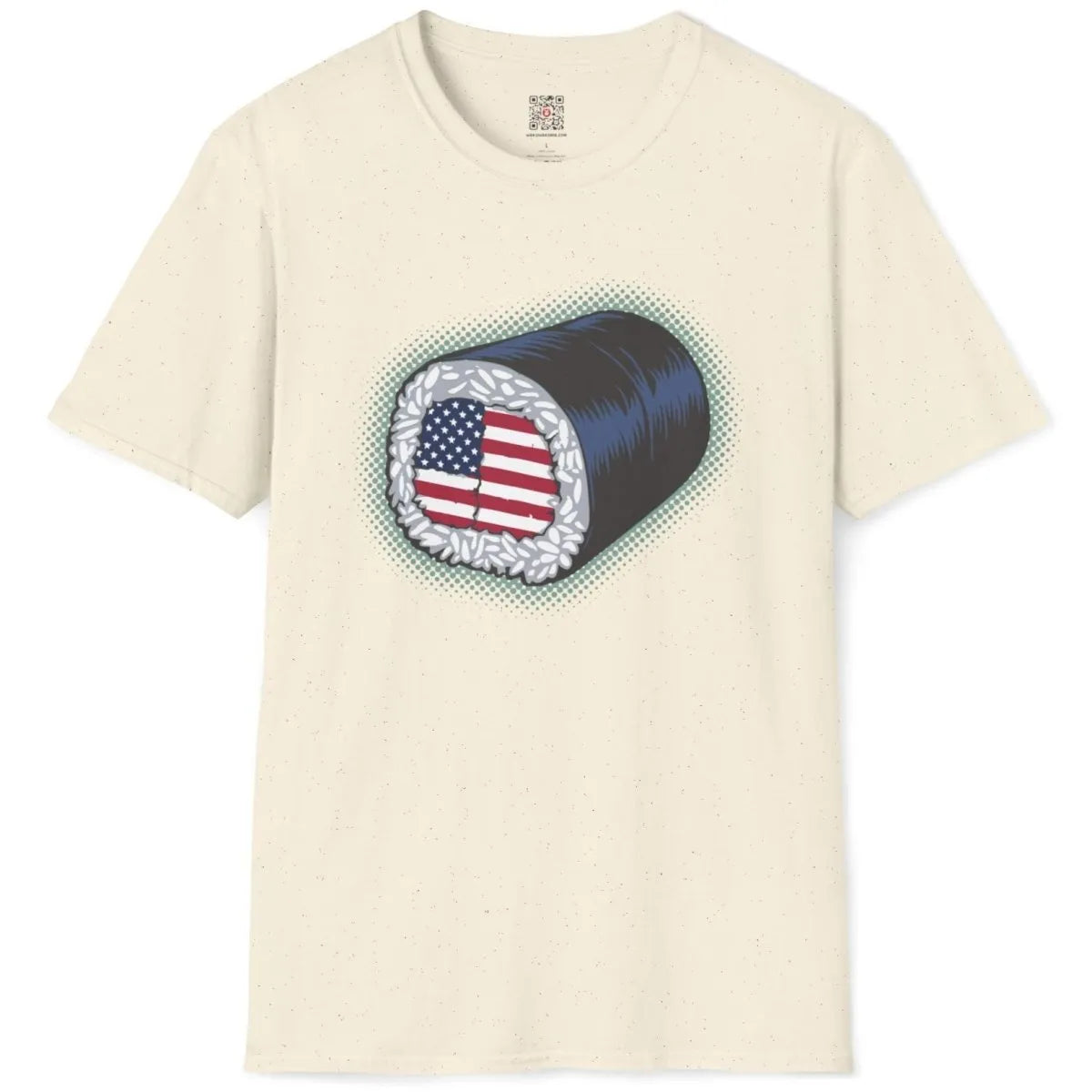 Natural t-shirt flatlay with sushi roll American flag design, sushi culture, cultural identity.