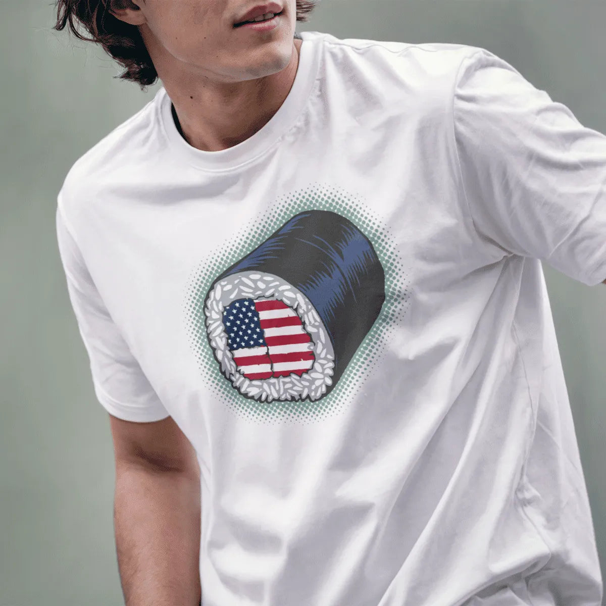 Male model in white t-shirt with sushi roll American flag design, sushi shirt, patriotic t shirt.