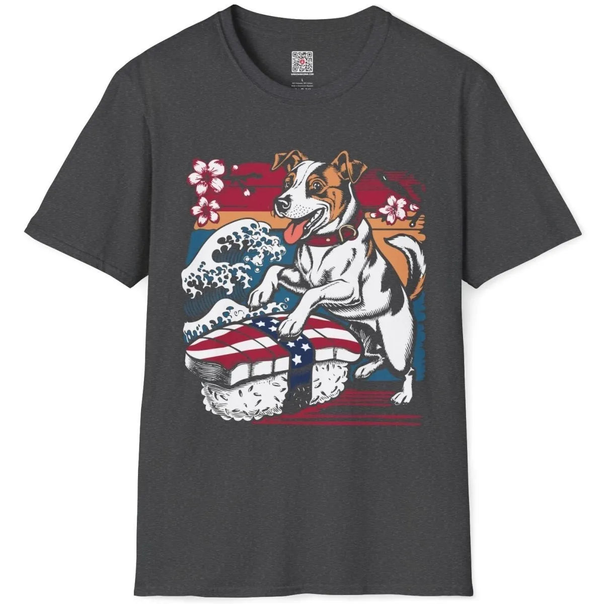 Dark heather t-shirt flatlay with Jack Russell sushi wave design, sushi t-shirt, patriotic symbolism.