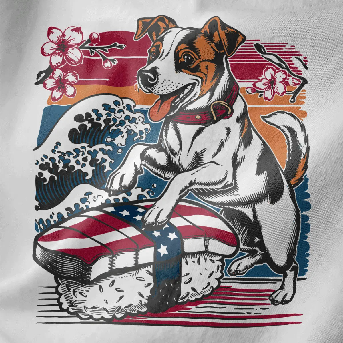 Close-up of Jack Russell with sushi and wave on white fabric, sushi t-shirt, cultural fusion.