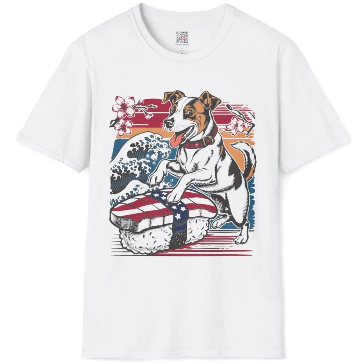 White t-shirt flatlay with Jack Russell sushi wave design, sushi shirt, cultural fusion.