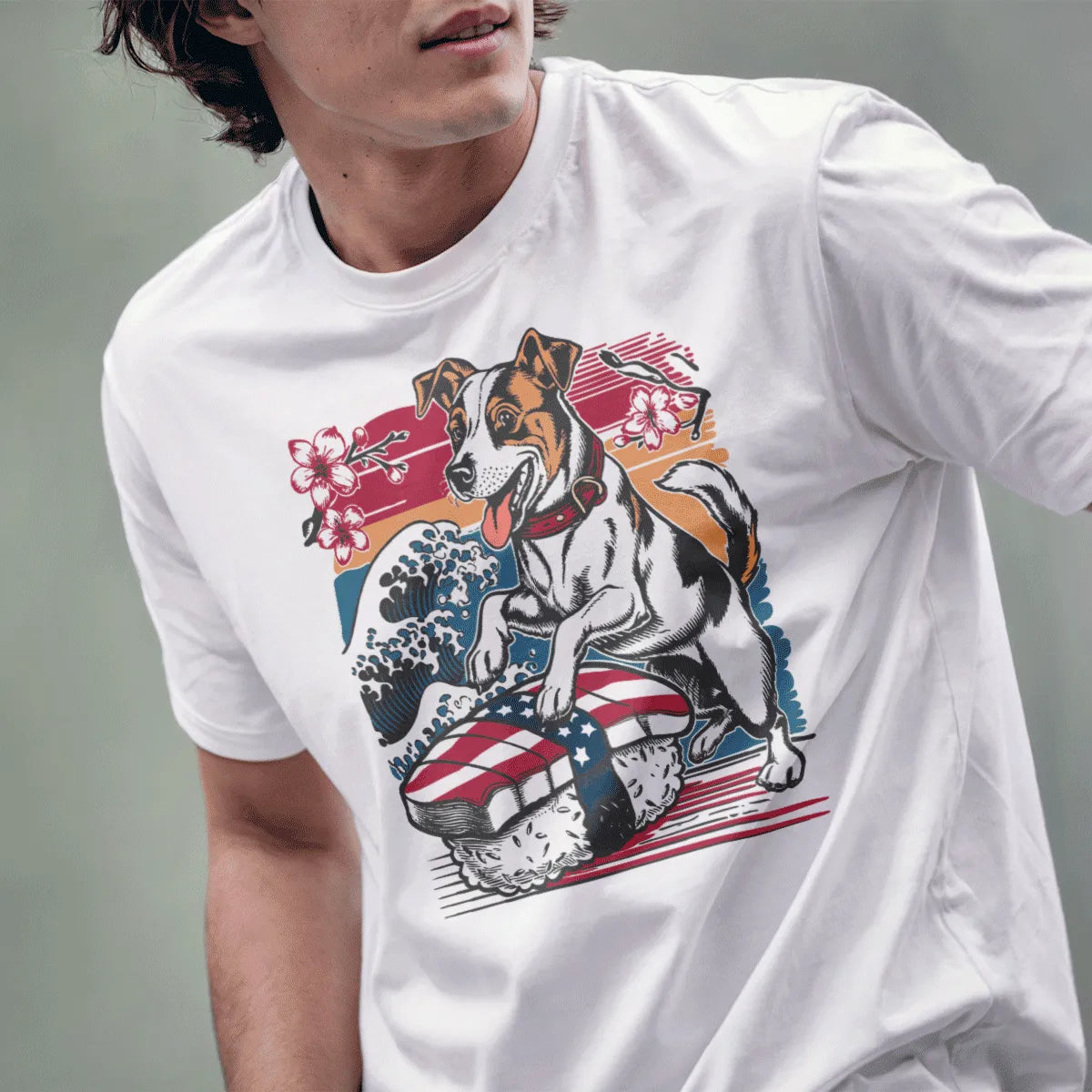 Male model in white t-shirt with Jack Russell sushi wave design, whimsical illu, sushi t-shirt.