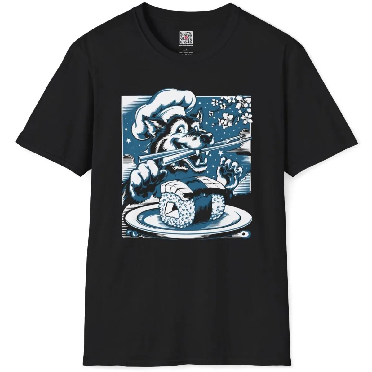 Wolf chef sushi design on black flatlay shirt, japanese t-shirts, cultural symbolism.
