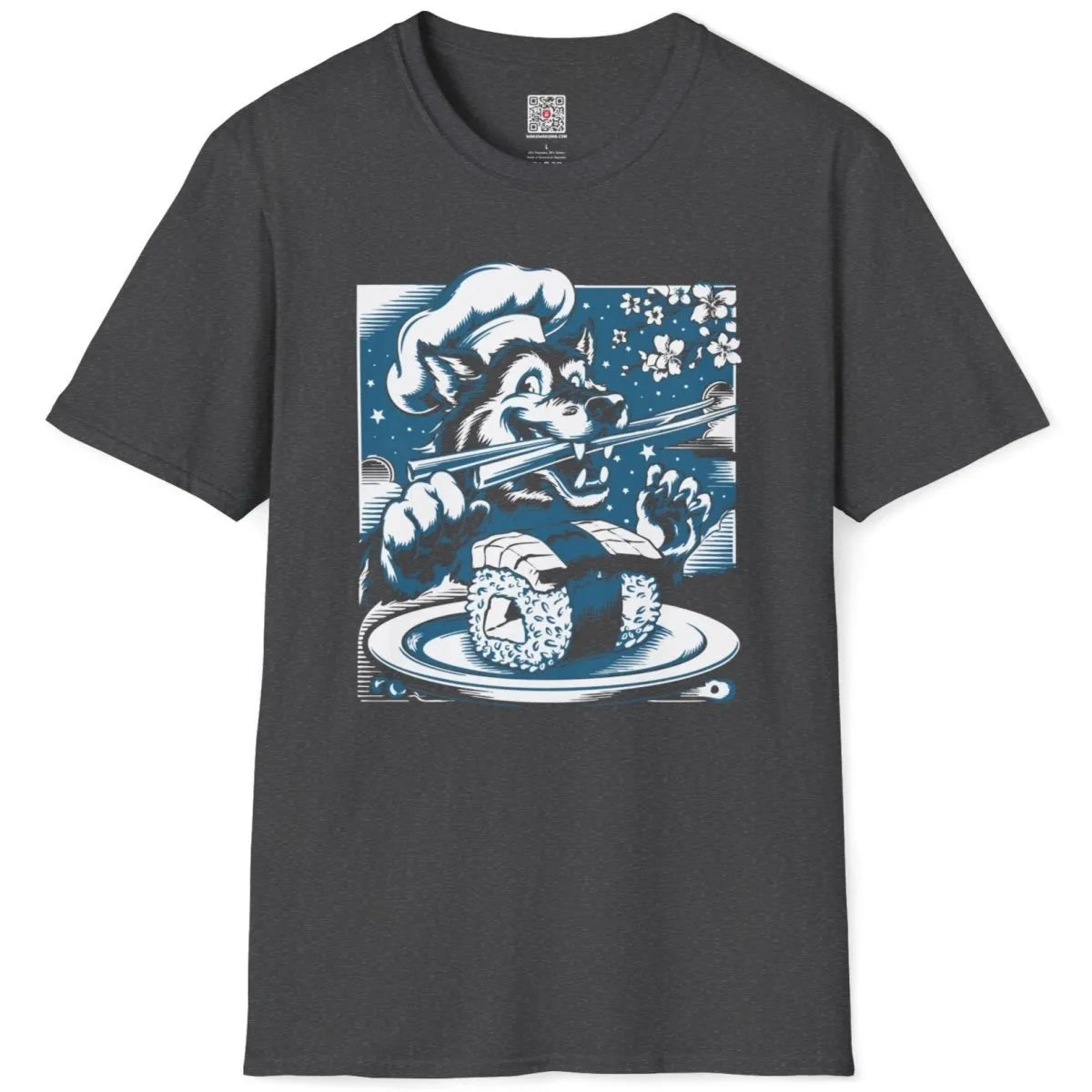 Wolf chef sushi design on dark heather flatlay shirt, japanese t-shirts, woodblock print style.