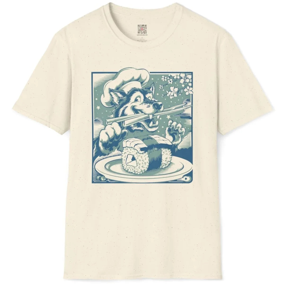 Wolf chef sushi design on natural flatlay shirt, sushi shirt, serene landscape.