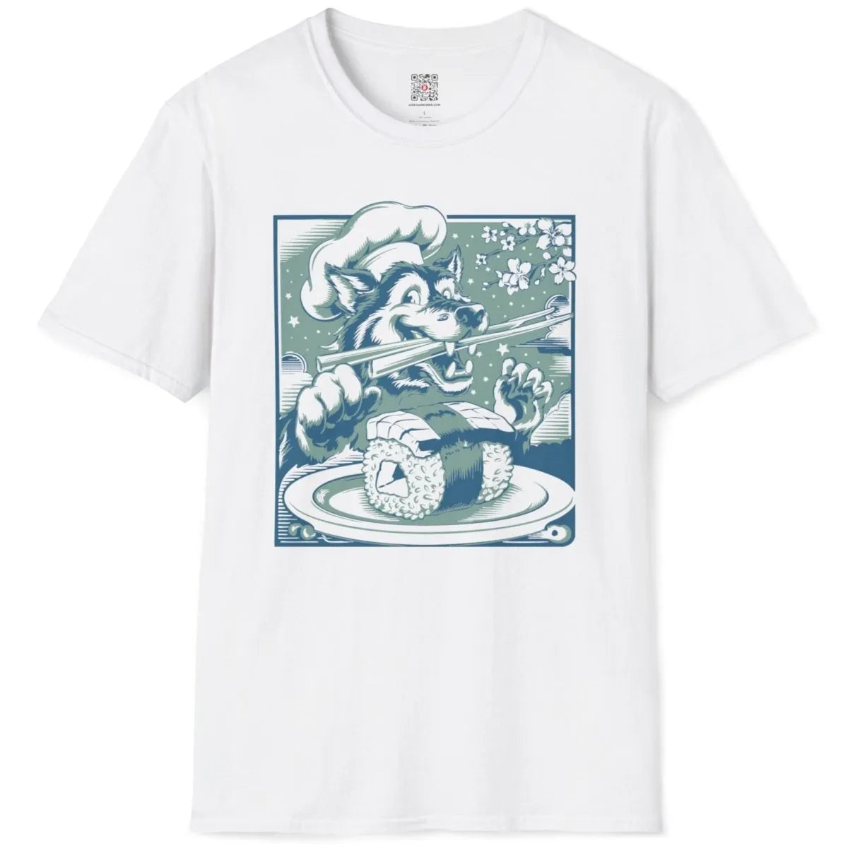 Wolf chef sushi design on white flatlay shirt, sushi t-shirt, cherry blossoms.