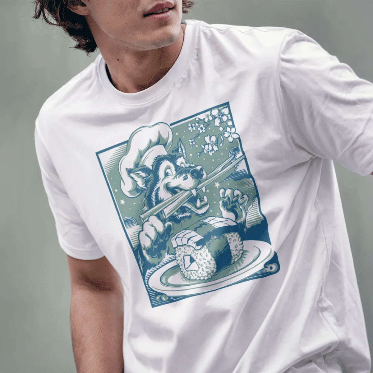 Male model in white wolf chef sushi t-shirt, whimsical animal, sushi shirt.