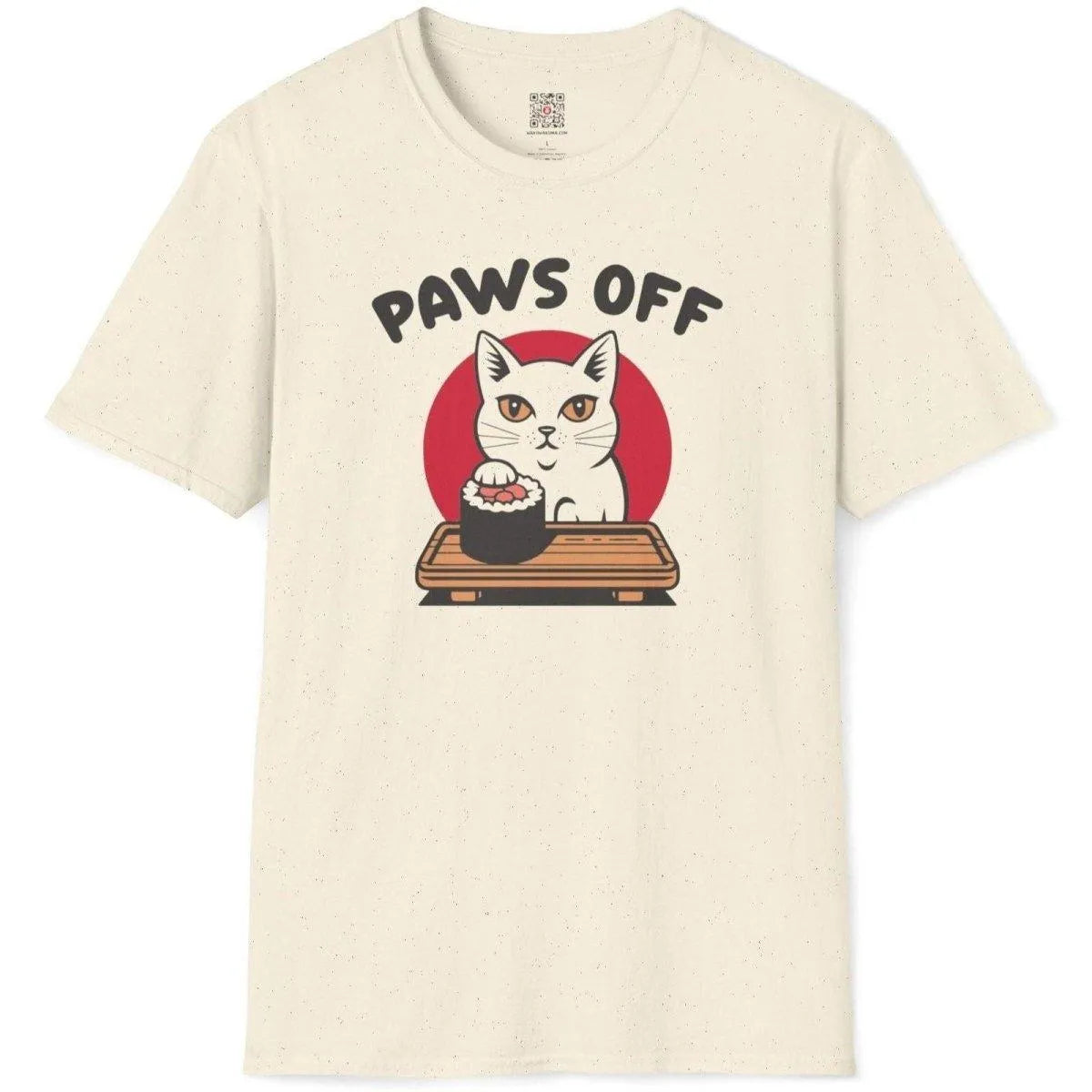 Flatlay of natural shirt, white cat with maki roll, bold playful typography, funny cat shirt.