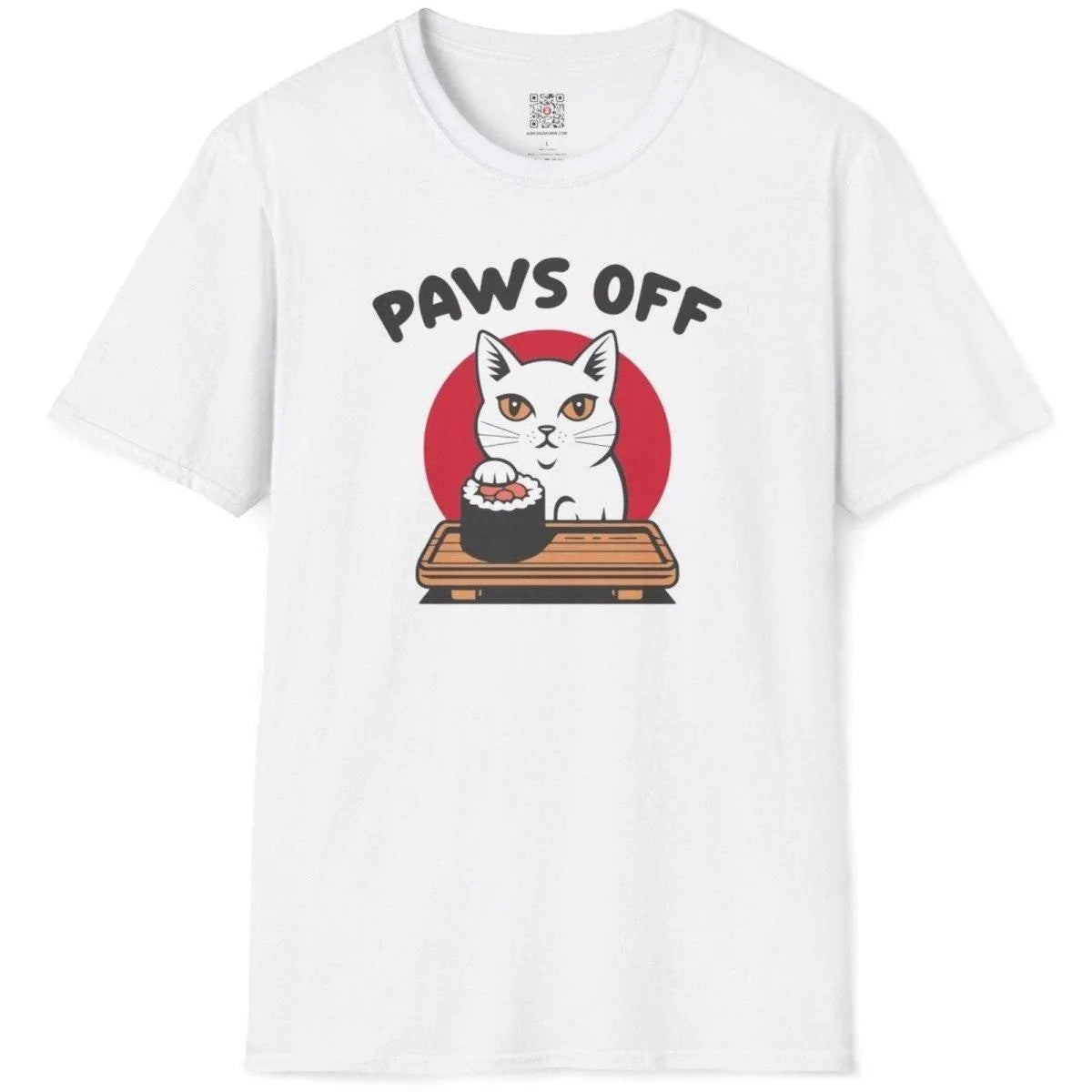 Flatlay of white t-shirt, crisp cat and maki design, bold “PAWS OFF” text, kawaii sushi style.