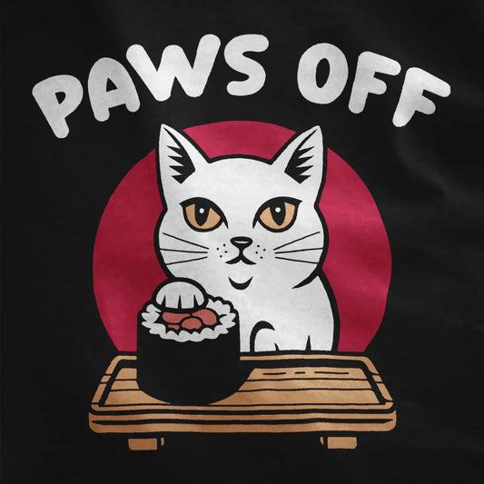 Black fabric close-up, stylized cat guarding sushi roll, playful “PAWS OFF” typography, graphic design t shirt.