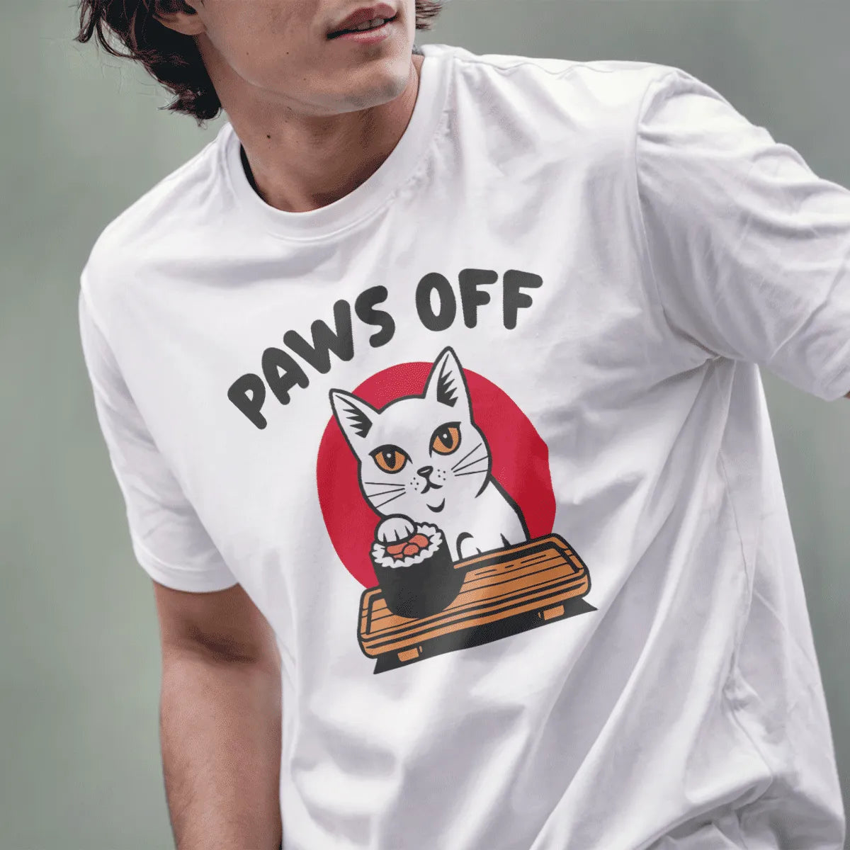 Male model in white shirt, cute cat with amber eyes and sushi roll, bold red circle background, sassy vibe.