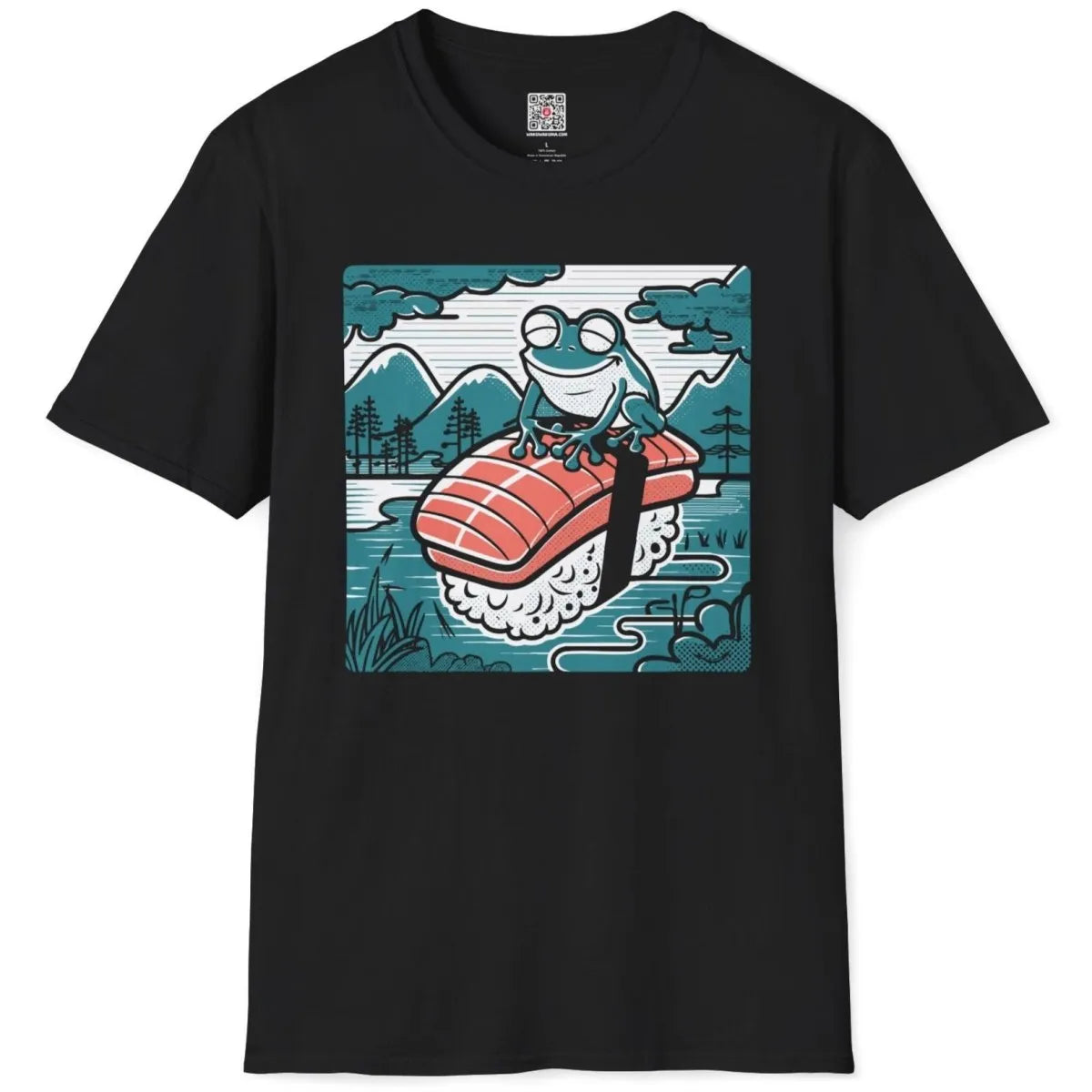 Frog on sushi with retro landscape on black flatlay shirt, frog shirt, nature blend.