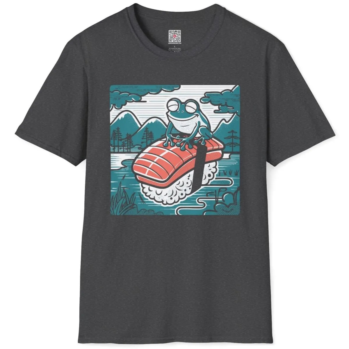 Frog on sushi with retro landscape on dark heather flatlay shirt, japanese t-shirts, cozy food.
