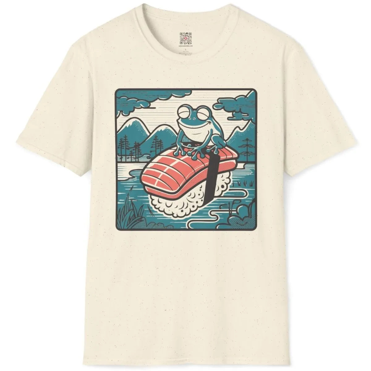 Frog on sushi with retro landscape on natural flatlay shirt, frog shirt, rustic charm.