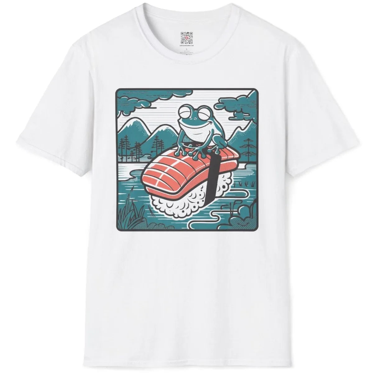 Frog on sushi with retro landscape on white flatlay shirt, sushi t-shirt, pop art outfits.