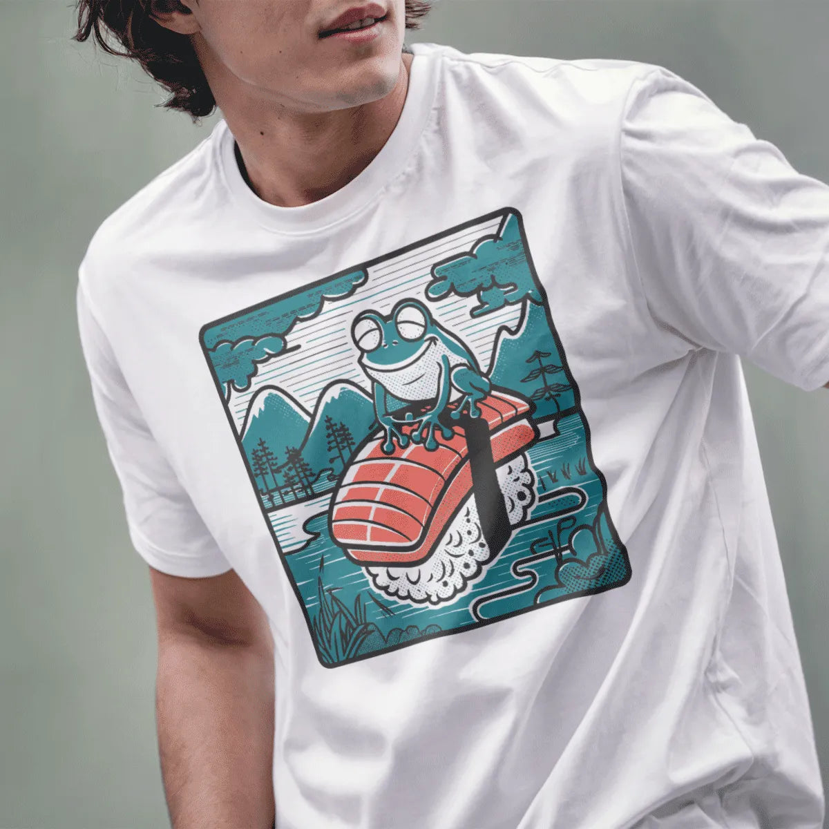 Male model in white frog sushi t-shirt, whimsical animal, sushi shirt.