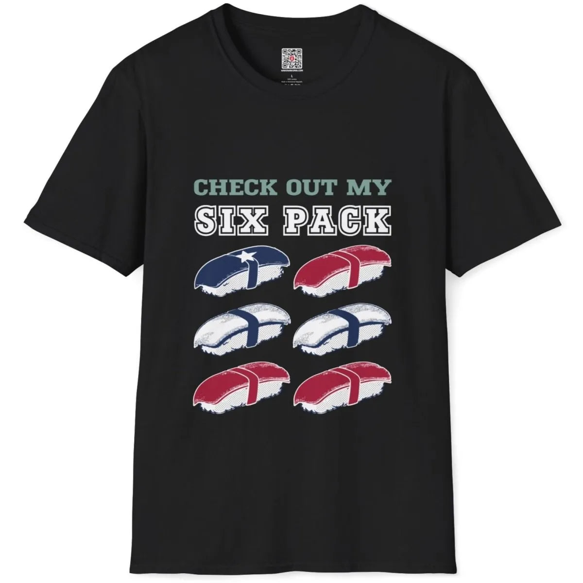 Six-pack sushi grid design on black flatlay shirt, muscle shirt, sushi pun.