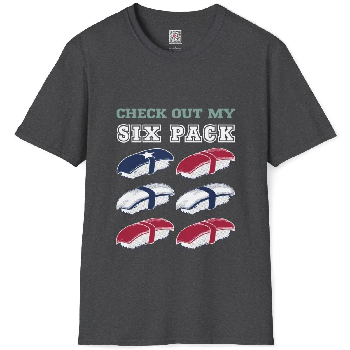 Six-pack sushi grid design on dark heather flatlay shirt, sushi shirt, quirky shirt.