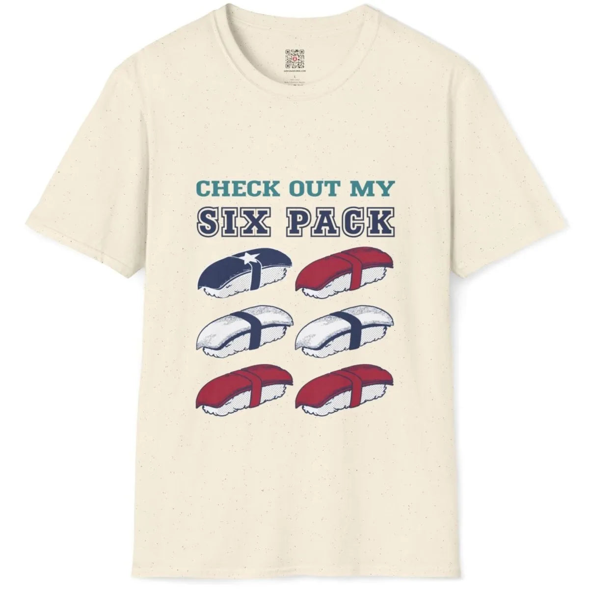 Six-pack sushi grid design on natural flatlay shirt, sushi t-shirt, exercise pun.