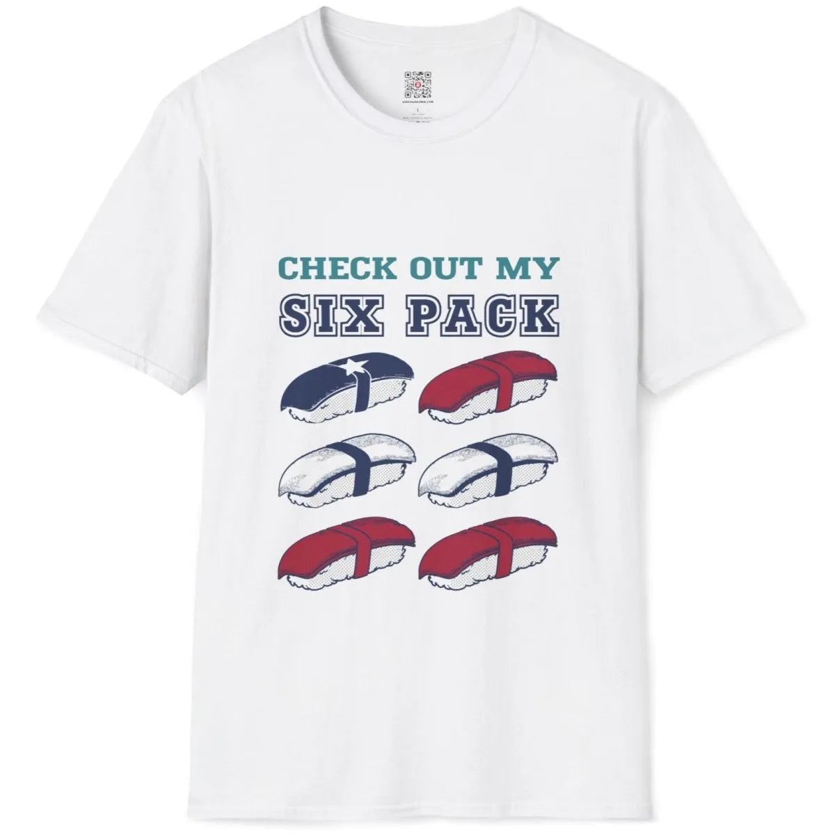 Six-pack sushi grid design on white flatlay shirt, japanese t-shirts, bold typography.
