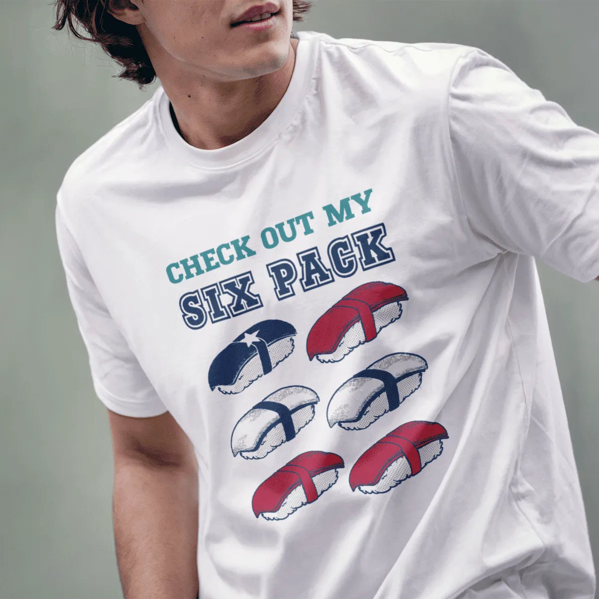 Male model in white six-pack sushi t-shirt, funny shirts with sayings, foodie style.