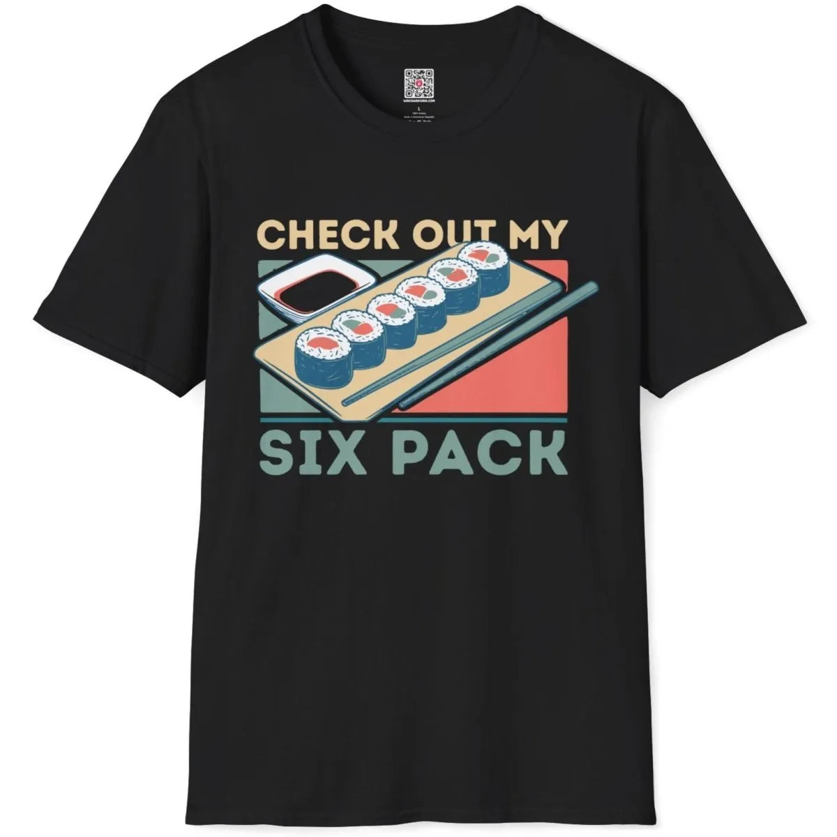 Black t-shirt flatlay with sushi rolls, soy sauce, chopsticks, and bold blue text; sushi shirt, pop art shirt.