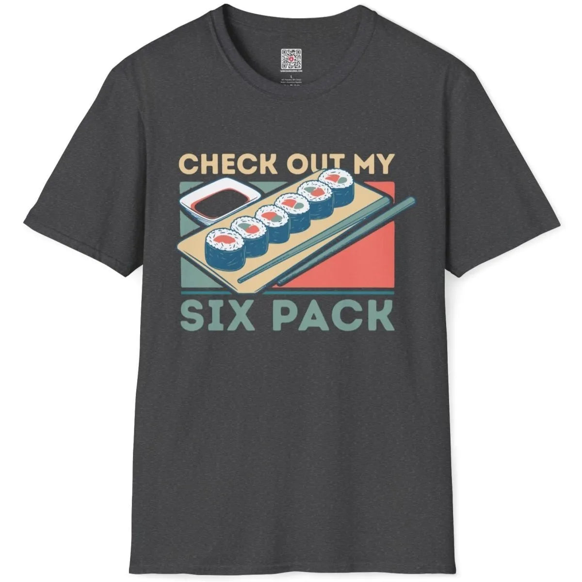 Dark heather t-shirt flatlay with sushi rolls, soy sauce, chopsticks, and blue text; sushi shirt, cultural fusion.