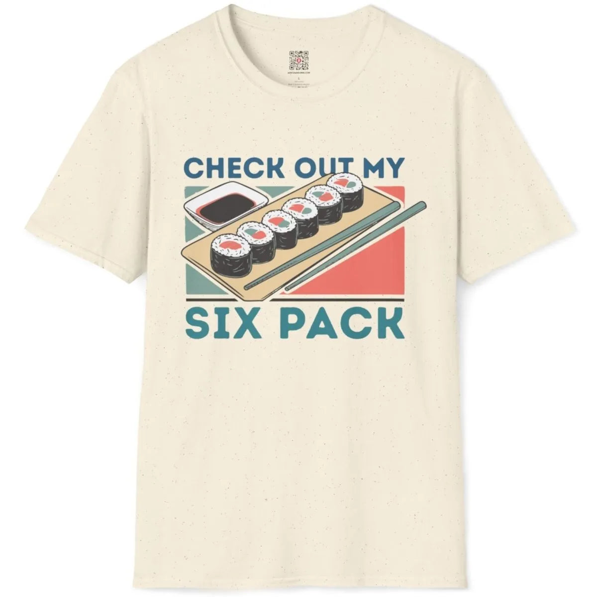 Natural t-shirt flatlay with sushi rolls, soy sauce, chopsticks, and blue text; sushi shirt, balanced composition.