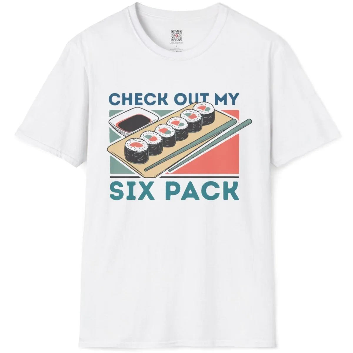 White t-shirt flatlay featuring six sushi rolls, pastel geometric background, blue text; sushi shirt, foodie design.