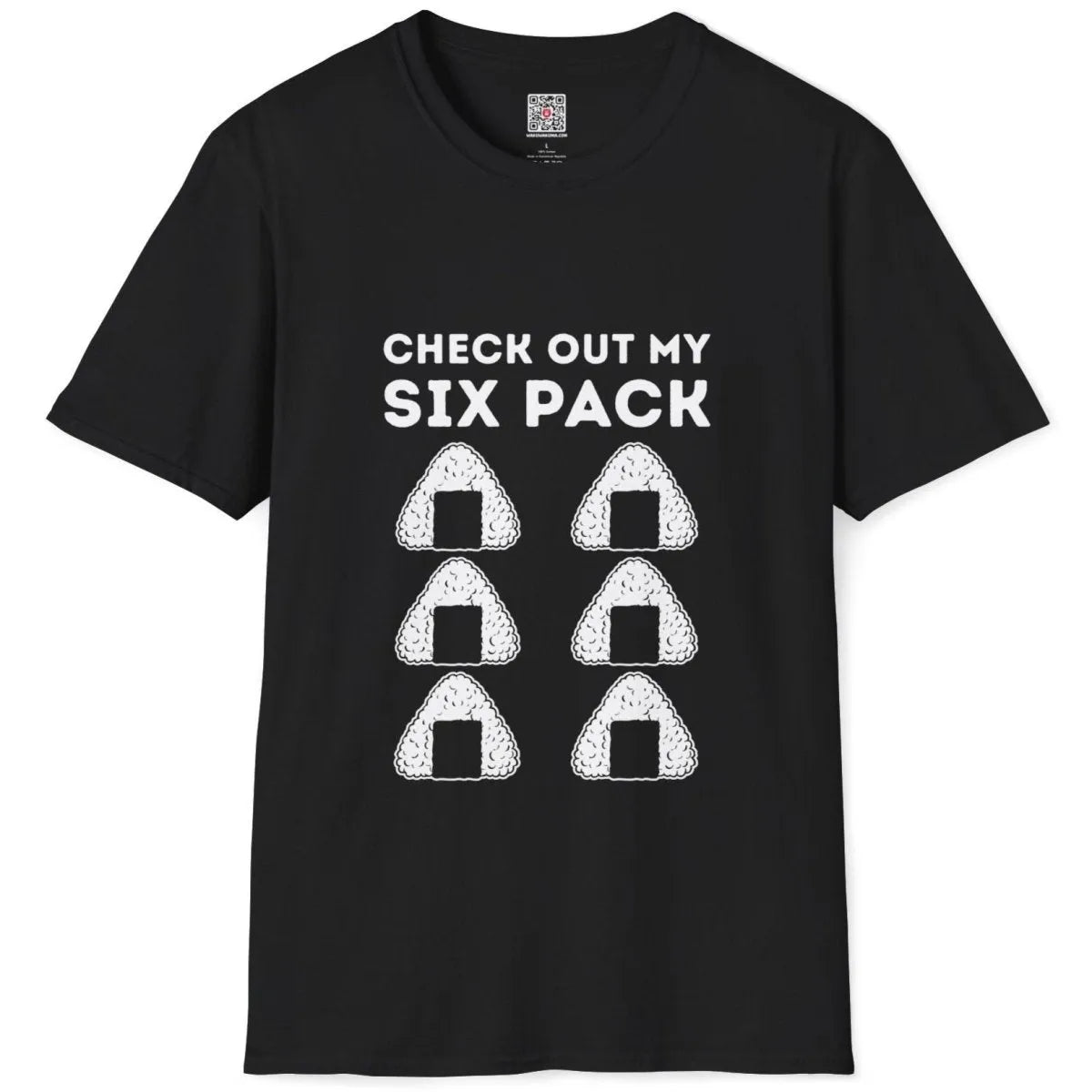 Black t-shirt flatlay with six onigiri rice balls and bold block text; muscle shirt, exercise pun.