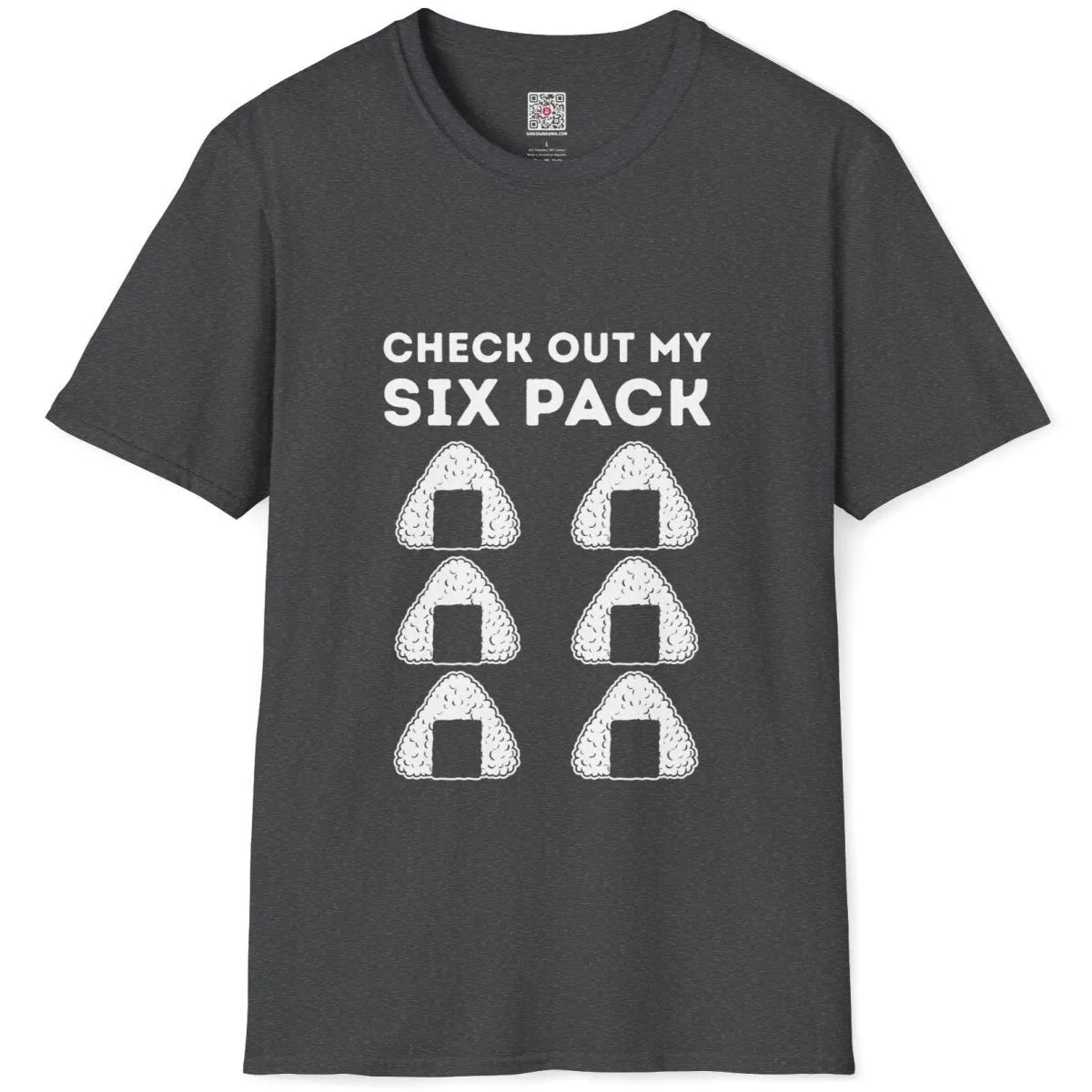 Dark heather t-shirt flatlay with six onigiri rice balls and bold text; muscle shirt, minimalist font.
