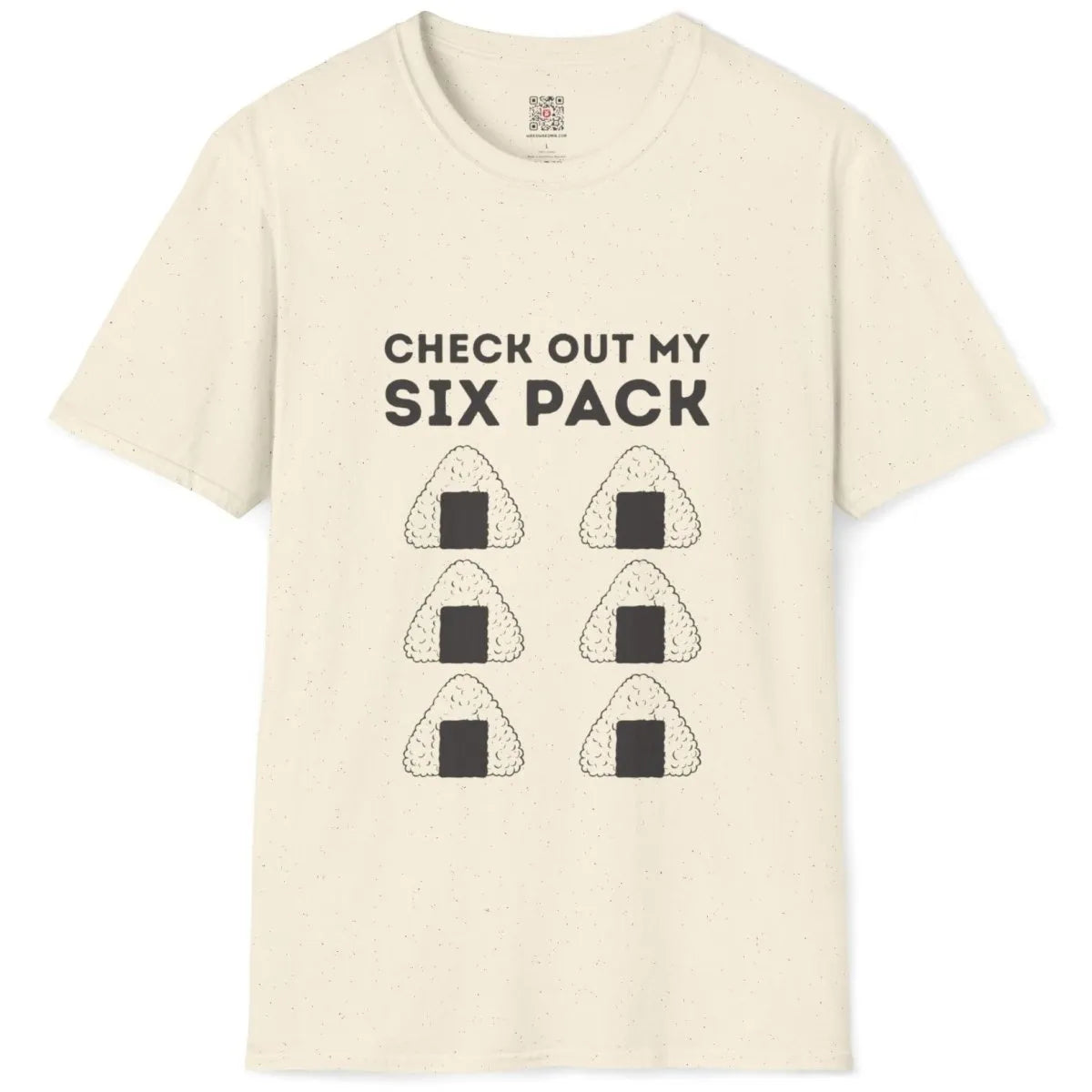 Natural t-shirt flatlay with six onigiri rice balls and bold text; japanese t-shirts, rustic charm.