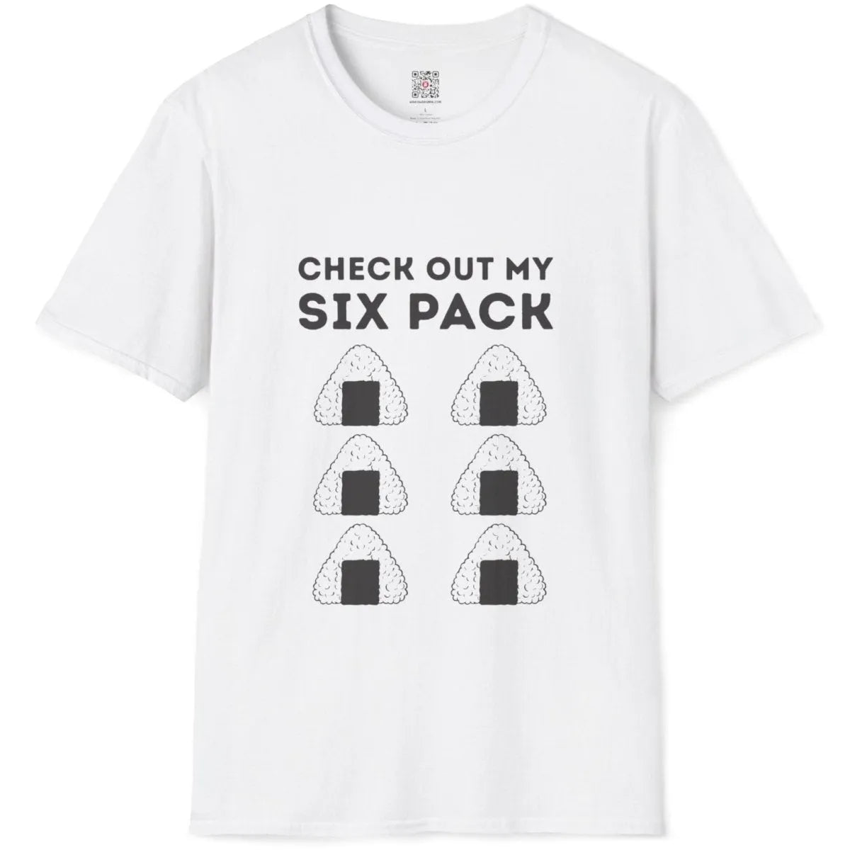 White t-shirt flatlay featuring six onigiri rice balls, bold block text; japanese t-shirts, quirky shirt.