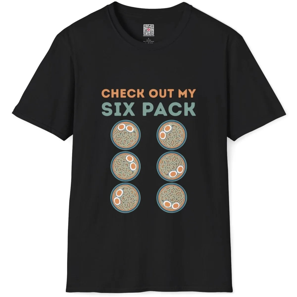 Black t-shirt flatlay with six ramen bowls, bold teal text, orange accents; ramen t-shirt, retro diner.