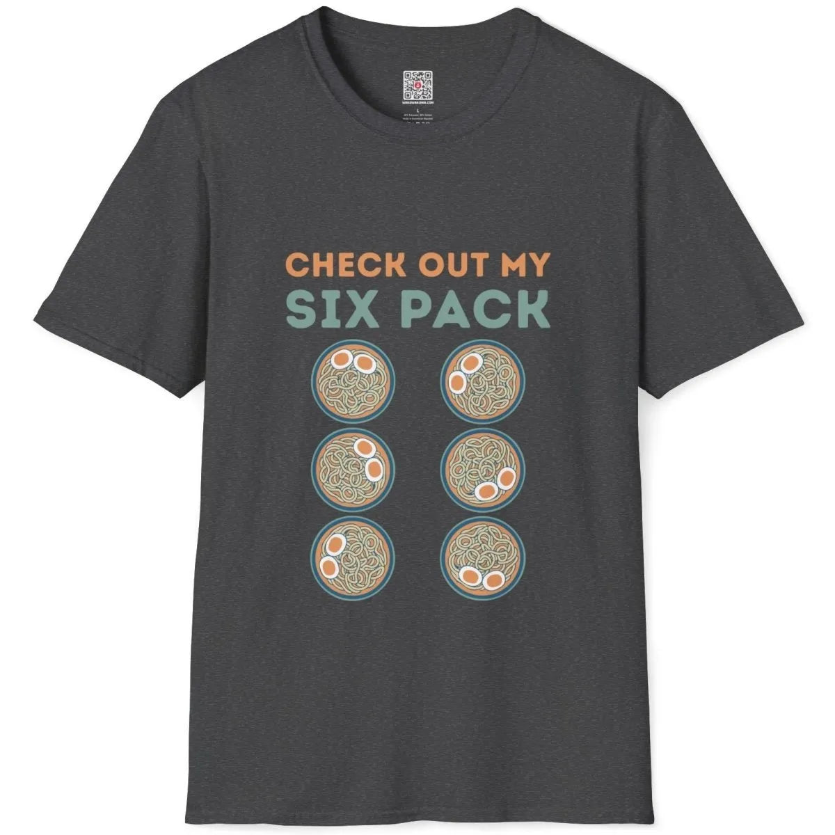 Dark heather t-shirt flatlay with six ramen bowls, bold teal text; ramen t-shirt, positive messaging.