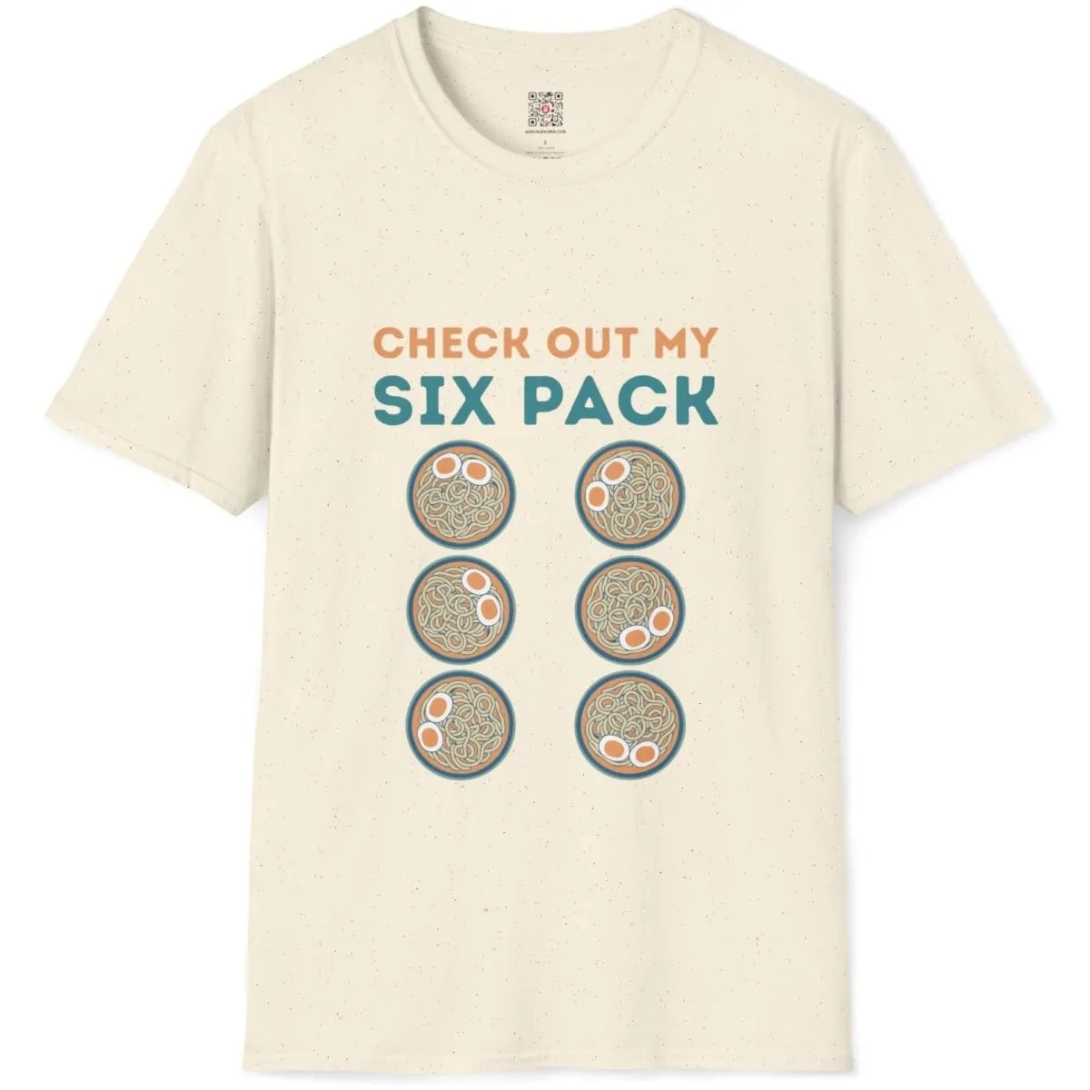 Natural t-shirt flatlay with six ramen bowls, bold teal text; ramen t-shirt, contrast art.